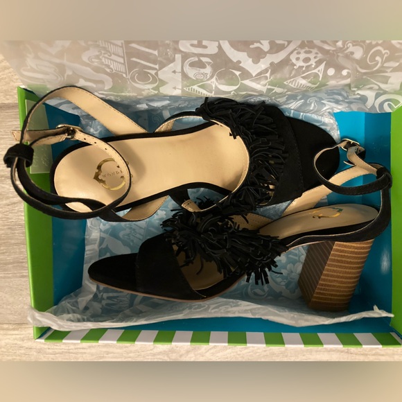 NWB C Wonder Gabrielle Black Slingback Heels Sandals Leather Suede Fringe Sz 8 - Picture 4 of 16